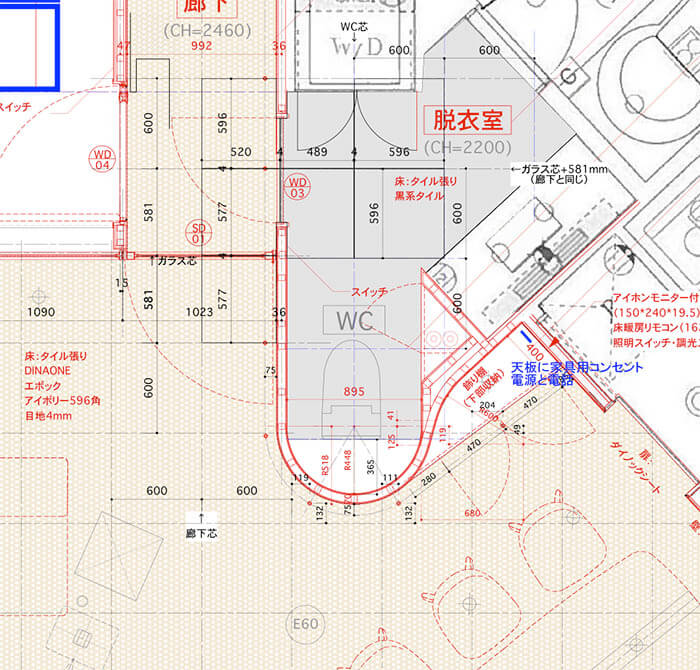 赤坂N邸寸法入りカーブ壁平面詳細図
