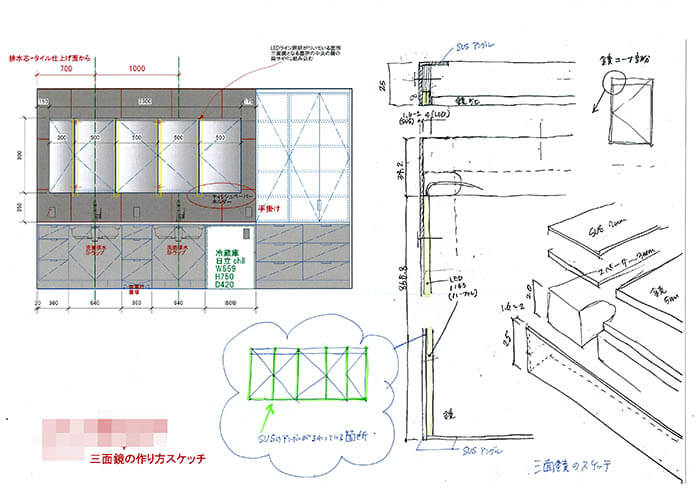 メディシンキャビネットの三面鏡に仕込んだLED照明